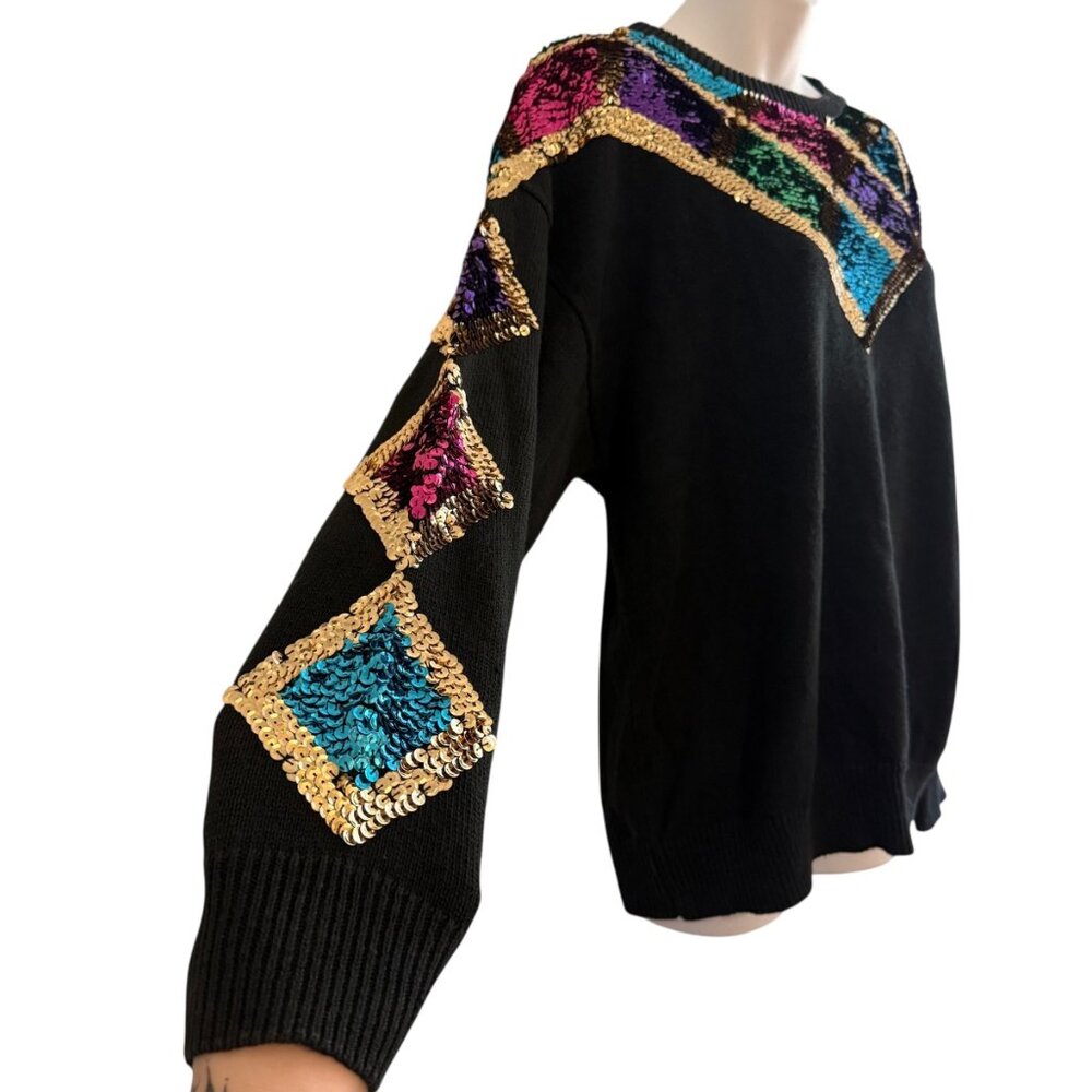 Vintage RAVE Black Harlequin Sequin Sweater | Size L - Picture 5 of 10